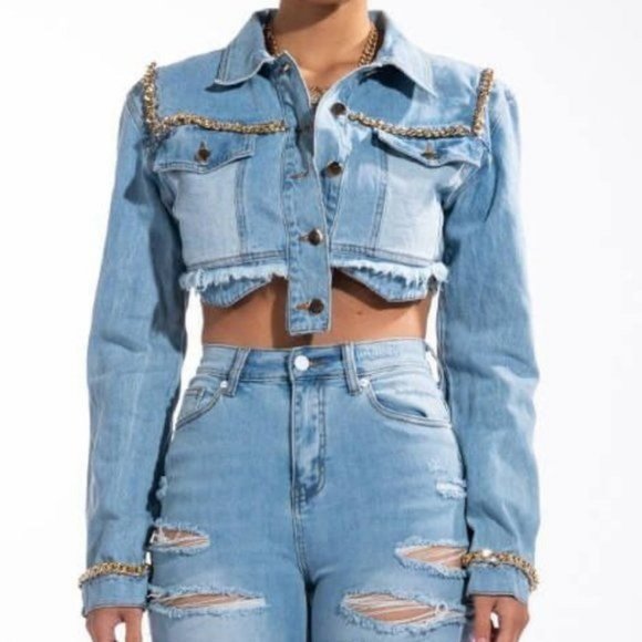 Survivor's Gold: Chain Hem Crop Denim Jacket - Picture 3 of 17